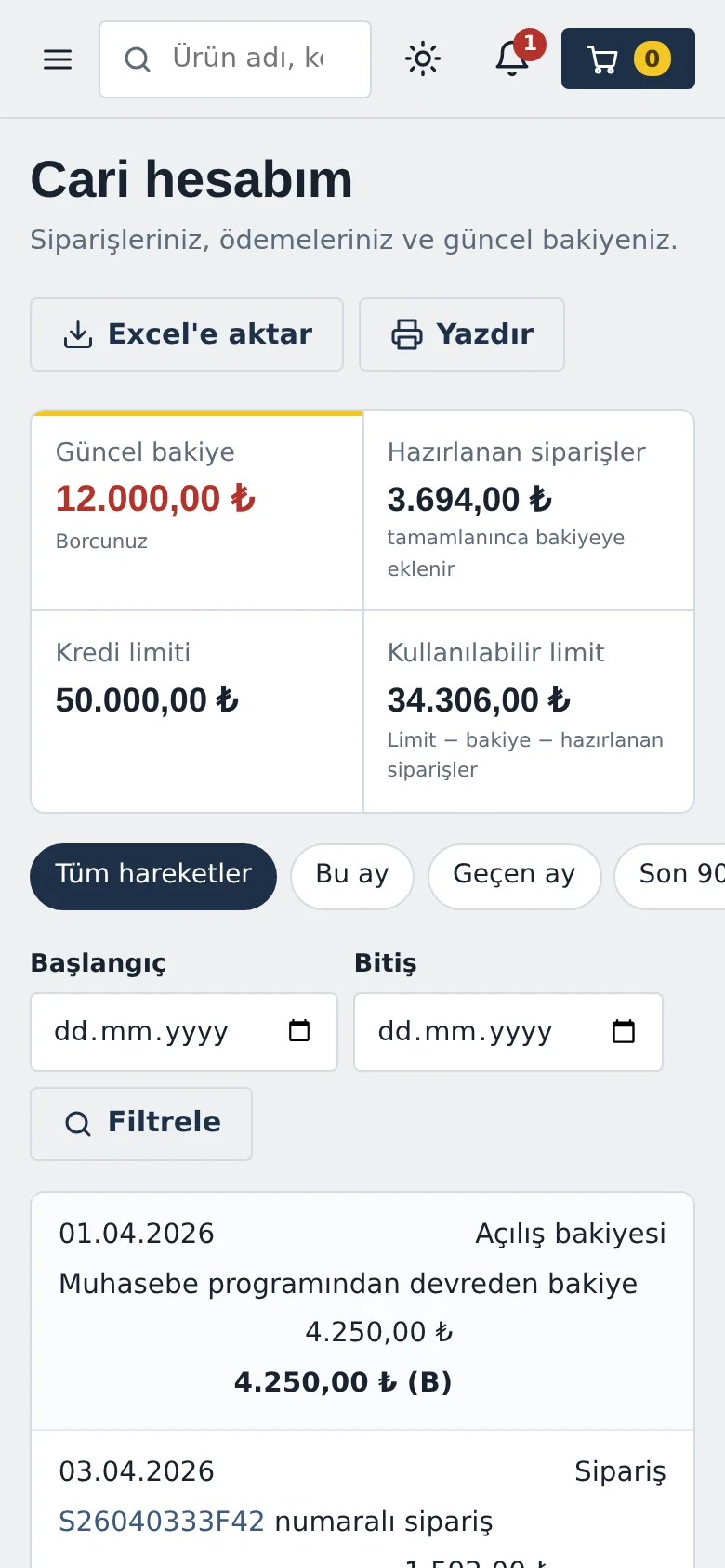 Bayinin telefonda gördüğü cari hesap: güncel bakiye, kredi limiti ve kullanılabilir limit